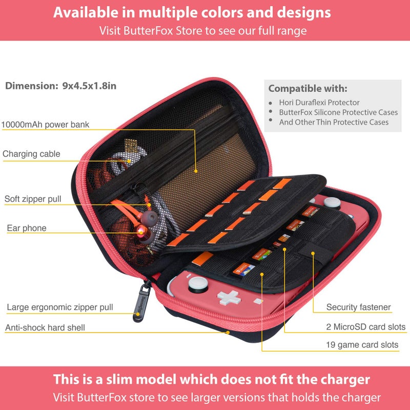 ButterFox Slim Carrying Case for Nintendo Switch Lite with 19 Game and 2 Micro SD Card Holders, Storage for Switch Lite Accessories (Coral Pink/Black) - Image 3
